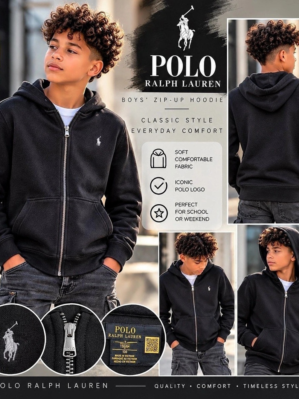 Polo Ralph Lauren Boys Fleece Full-Zip Hoodie Black size 7